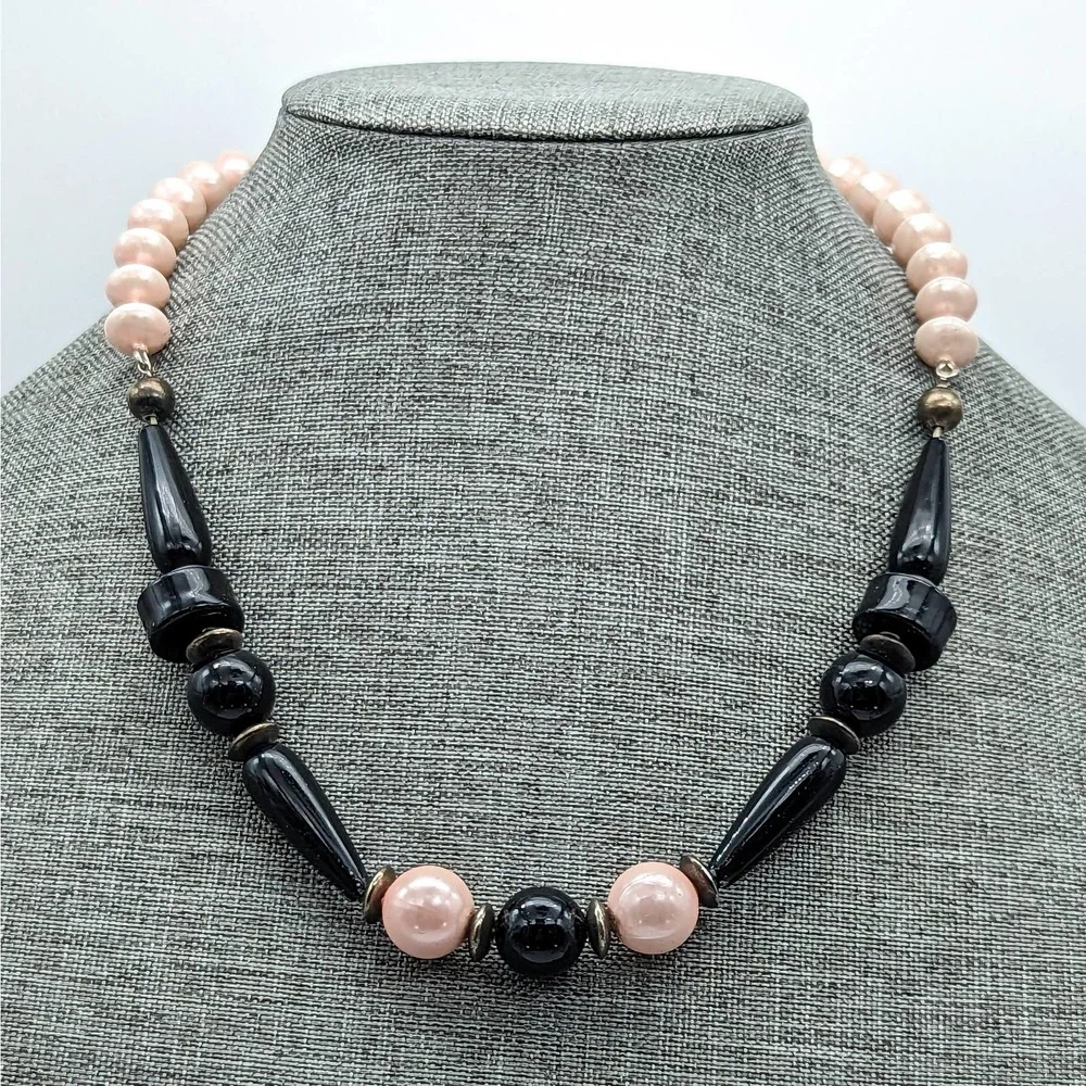 Vintage Chunky Pink And Black Beaded Necklace w/ Sphere Disc and Teardrop Shapes